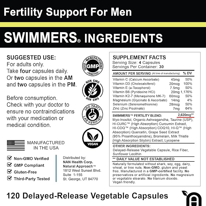 Swimmers | Fertility Support for Men | Optimal Sperm Count & Motility | Male Fertility Blend & Prenatal + Multivitamin to Support Healthy Conception | Premium Men's Health Supplement | 120 Capsules