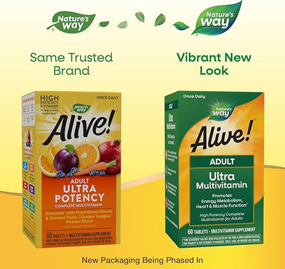 Nature's Way Alive! Adult Ultra Multivitamin, Promotes Energy Metabolism, Heart & Muscle Function*, with B-Vitamins Including Methylated B12, Gluten Free, 60 Tablets (Packaging May Vary)