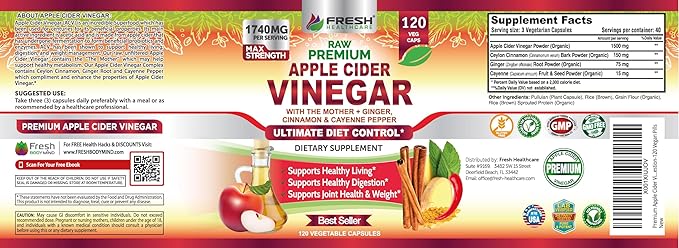Apple Cider Vinegar Capsules Max 1740mg with Mother - 100% Natural & Raw with Cinnamon, Ginger & Cayenne Pepper - Ideal for Healthy Living, Detox & Digestion -120 Vegan Pills