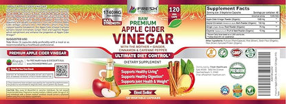 Apple Cider Vinegar Capsules Max 1740mg with Mother - 100% Natural & Raw with Cinnamon, Ginger & Cayenne Pepper - Ideal for Healthy Living, Detox & Digestion -120 Vegan Pills
