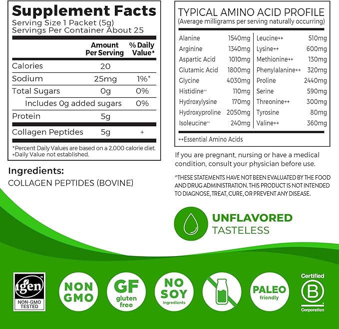 Orgain Hydrolyzed Collagen Peptides Travel Packets For Women & Men - 5g Grass Fed Collagen Per Serving, Hair, Skin, Nail & Joint Support Supplement, Non-GMO, Type I & III - Unflavored (25 Count)