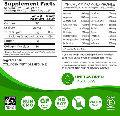 Orgain Hydrolyzed Collagen Peptides Travel Packets For Women & Men - 5g Grass Fed Collagen Per Serving, Hair, Skin, Nail & Joint Support Supplement, Non-GMO, Type I & III - Unflavored (25 Count)