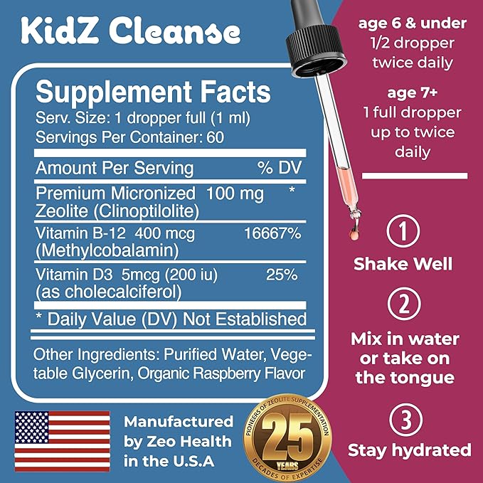 Kidz Cleanse | Zeolite Detox for Kids | Development, Behavior, Energy and Gut Health Support Supplement | Easy to Take, Pure Liquid Zeolite Drops + Methyl B12 + D3 (Apple Flavor) - 2oz