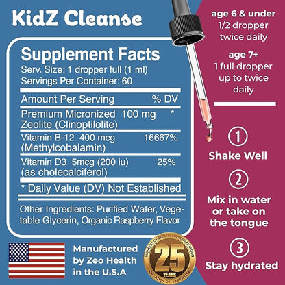 Kidz Cleanse | Zeolite Detox for Kids | Development, Behavior, Energy and Gut Health Support Supplement | Easy to Take, Pure Liquid Zeolite Drops + Methyl B12 + D3 (Apple Flavor) - 2oz