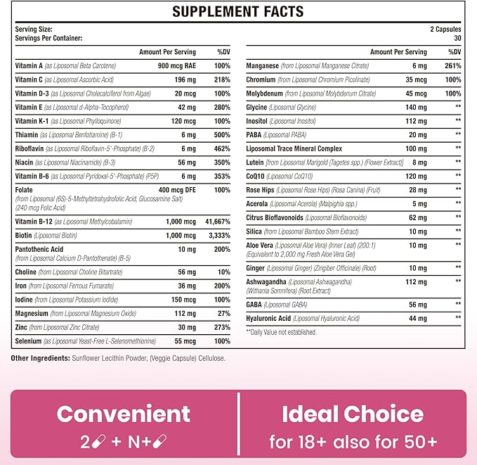 Liposomal Multivitamin for Women 1400MG - Womens Daily Multi Vitamins Supplements with Iron, Vitamin A, C, D, E and B Complex for Immune Health, Hair & Skin Support for Women 18+，600 Vegan Capsules