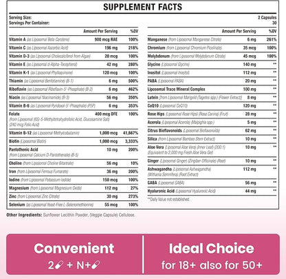 Liposomal Multivitamin for Women 1400MG - Womens Daily Multi Vitamins Supplements with Iron, Vitamin A, C, D, E and B Complex for Immune Health, Hair & Skin Support for Women 18+，600 Vegan Capsules