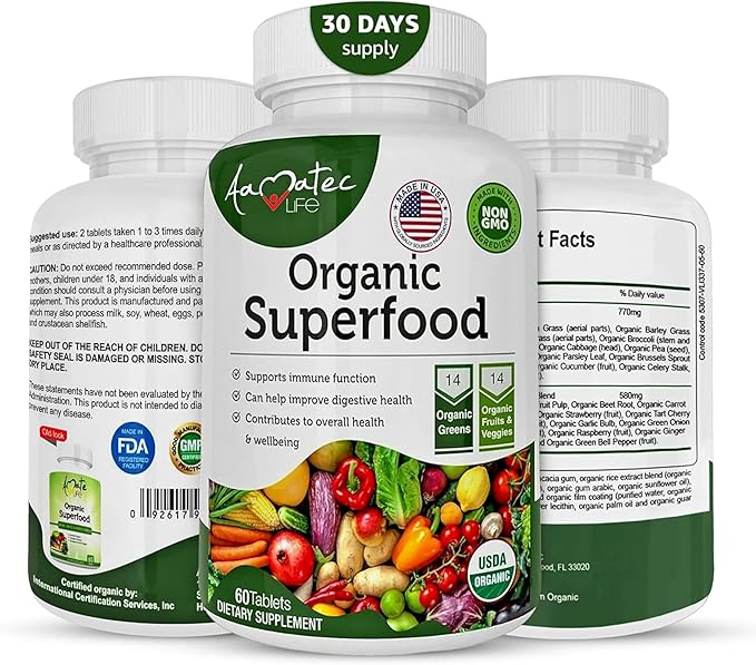 Organic Superfood Greens Fruits and Veggies Complex - Best Dietary Supplement with 14 Greens &14 Fruits & Vegetables with Alfalfa Rich in Antioxidants Organic Ingredients Non-GMO (180 Count Pack of 3)