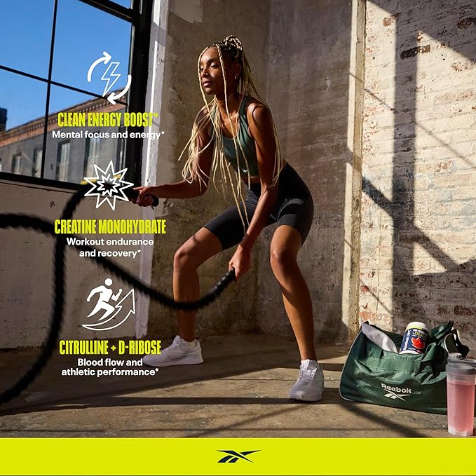 Reebok ReeEnergize Pre-Workout + Creatine | 200MG Caffeine, 3G Creatine, 4G Citrulline | Energy, Focus, Strength | Nitric Oxide Booster | 25 Servings | Sour Green Apple