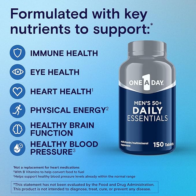 One A Day Men's Multivitamin 50+ Daily Essentials | Multivitamin for Men 50 Plus Supports Immune Health, Healthy Brain Function & Physical Energy | Vitamins for Men with Vitamin C & Zinc, 150 Count