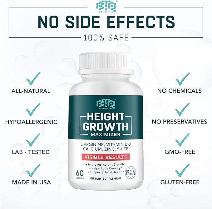 Height Growth Maximizer, Calcium, Vitamin D3 and Zinc Blend Pills, Bone Growth Supplement for Kids and Teens, Bone Strength, Density Support, GMO-Free, Gluten-Free, Made in USA, 60 Caps