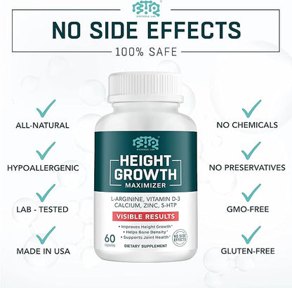 Height Growth Maximizer, Calcium, Vitamin D3 and Zinc Blend Pills, Bone Growth Supplement for Kids and Teens, Bone Strength, Density Support, GMO-Free, Gluten-Free, Made in USA, 60 Caps