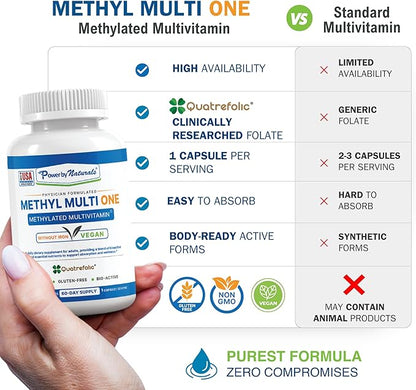 Power By Naturals Methyl Multi One - Vegan Methylated Multivitamin for Men & Women with Methylfolate & Methyl B12 for MTHFR Maintenance, 60 Capsules, 2 Month Supply, USA-Made, Gluten-Free