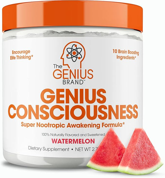 Genius Consciousness, Super Nootropic Brain Supplement Powder, Watermelon - Boost Focus, Cognitive Function, Concentration & Memory Booster - Alpha GPC & Lions Mane Mushroom for Neuro Energy & IQ