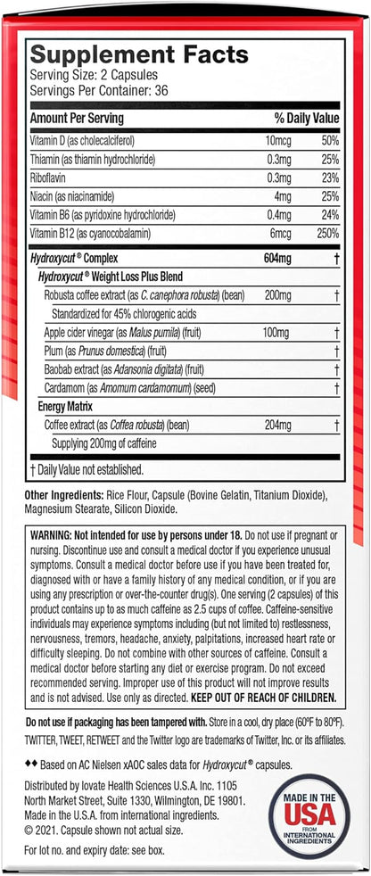 Hydroxycut Original - 72 Rapid-Release Capsules - 200 mg Caffeine - Boost Metabolism, Burn Calories, Increase Energy - for Women & Men