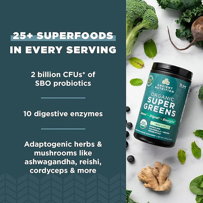 Ancient Nutrition SuperGreens Powder with Probiotics, Organic Peppermint Flavor Greens, Made from Real Fruits, Vegetables and Herbs, Digestive and Energy Support, 25 Servings, 7.23oz