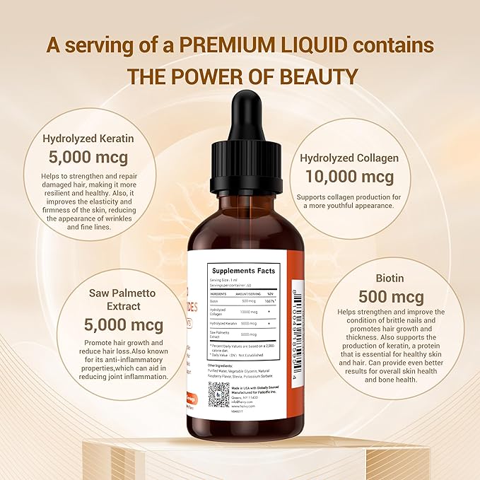 Liquid Collagen for Women, Collagen Peptides with Biotin, 4-in-1 for Radiant Skin, Healthy Hair, Strong Nails, Joint Support, Liquid Collagen Drops, Raspberry Flavor- 2 fl oz