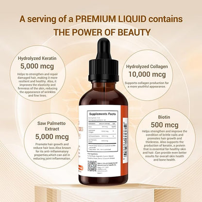 Liquid Collagen for Women, Collagen Peptides with Biotin, 4-in-1 for Radiant Skin, Healthy Hair, Strong Nails, Joint Support, Liquid Collagen Drops, Raspberry Flavor- 2 fl oz