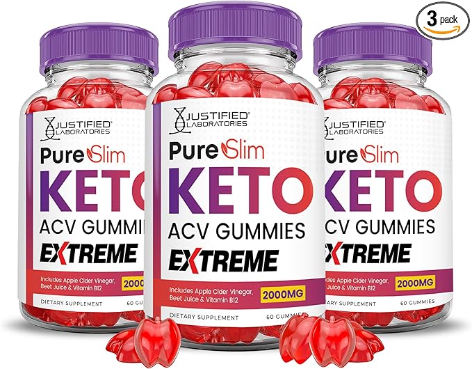 (3 Pack) Pure Slim Keto ACV Gummies Extreme 2000MG PureSlim Keto Gummies Advanced Formula Apple Cider Vinegar with Pomegranate Beet Juice Powder B12 Vegan Non GMO 180 Gummys