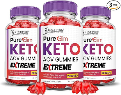 (3 Pack) Pure Slim Keto ACV Gummies Extreme 2000MG PureSlim Keto Gummies Advanced Formula Apple Cider Vinegar with Pomegranate Beet Juice Powder B12 Vegan Non GMO 180 Gummys