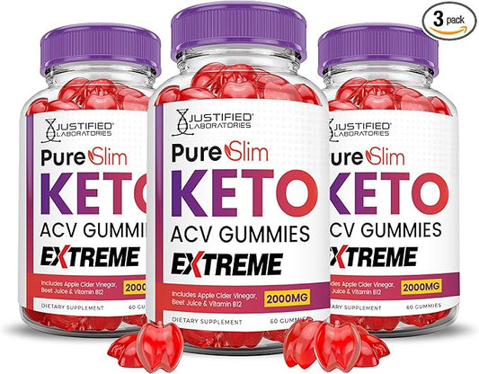 (3 Pack) Pure Slim Keto ACV Gummies Extreme 2000MG PureSlim Keto Gummies Advanced Formula Apple Cider Vinegar with Pomegranate Beet Juice Powder B12 Vegan Non GMO 180 Gummys