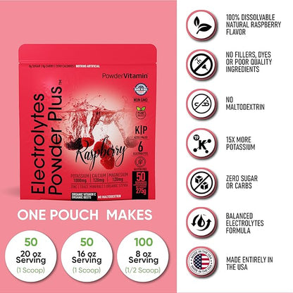 Electrolytes Powder Plus (50 Servings) Raspberry Electrolyte Powder Zero Calorie Keto, 0 Sugar, No Maltodextrin,1000mg Potassium,120mg Calcium,120mg Magnesium, Hydration Powder