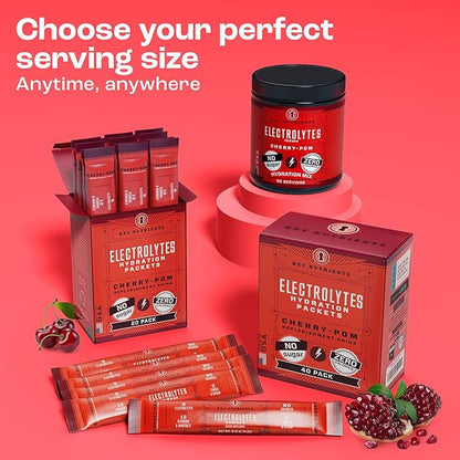 KEY NUTRIENTS Multivitamin Electrolytes Powder Packets - Sweet Cherry-Pom 40 Pack Hydration Packets - Travel Hydration Powder - No Sugar, No Calories, Gluten Free - Made in USA