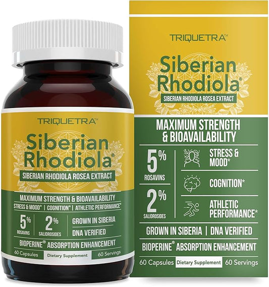 Siberian Rhodiola® Max Strength Rhodiola Rosea - 5% Rosavins, 2% Salidroside - BioPerine® Absorption Enhancement, Grown in Siberia, DNA Verified - Reduce Stress, Enhance Energy & Cognition*(60 Count)