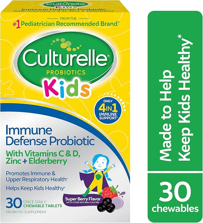 Culturelle Immune Defense Probiotic with Vitamin C, Vitamin D and Zinc + Elderberry, Non-GMO, 4-in-1 Immune Support for Kids Ages 3+*, Mixed Berry Chewables, 30 Count