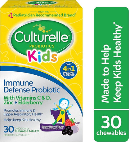 Culturelle Immune Defense Probiotic with Vitamin C, Vitamin D and Zinc + Elderberry, Non-GMO, 4-in-1 Immune Support for Kids Ages 3+*, Mixed Berry Chewables, 30 Count