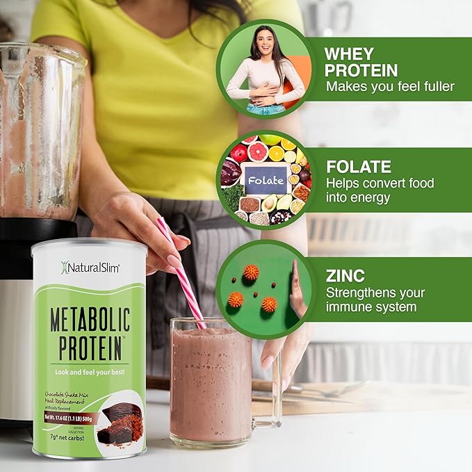 NaturalSlim Metabolic Whey Protein Powder Chocolate – Low Carb, Meal Replacement Shake w/Vitamins, Minerals & Amino Acid L-Glutamine | Great Taste and Very Filling Protein Shake, 10 Servings, 17.6oz