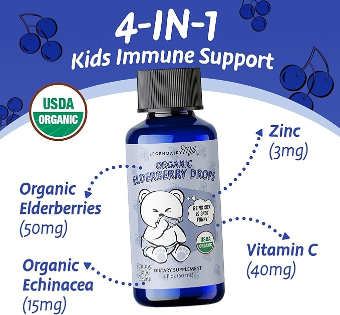 Legendairy Milk Organic Elderberry Drops - Baby Multivitamin with Echinacea, Vitamin C & Zinc for Immune Support - Ideal for Babies & Toddlers, Non-GMO - 30 Servings