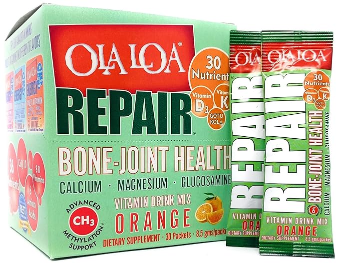 Ola Loa Repair Orange Multivitamin Drink Mix - Daily Bone & Joint Supplement, Calcium, Magnesium, Glucosamine, Anti-Aging Vitamin - Give Your Body The Nutrient Support it Deserves - 30 Packets (9oz)