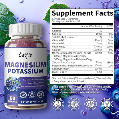 Potassium Magnesium Supplement Gummies,Magnesium Glycinate 500mg,Potassium Gluconate 99mg,Triple Magnesium Complex 1700mg,Calcium,Zinc,Vitamin D3 for Leg Cramps,Sleep,Immunity & Energy,120 Ct