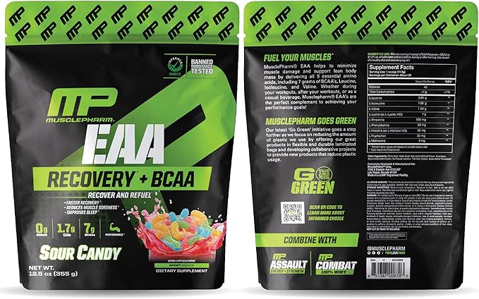 MusclePharm EAA Recovery + BCAAs, Post Workout Essential Amino Acids Powder, Pre Workout Energy Supplement for Men & Women with Branched Chain Amino Acids, 30 Servings (Sour Candy)