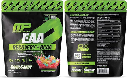 MusclePharm EAA Recovery + BCAAs, Post Workout Essential Amino Acids Powder, Pre Workout Energy Supplement for Men & Women with Branched Chain Amino Acids, 30 Servings (Sour Candy)