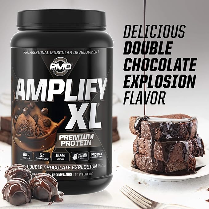 PMD Sports Amplify XL Premium Whey Protein Supplement Hydro Greens Blend - Glutamine and Whey Protein Matrix with Superfood for Muscle, Strength and Recovery - Double Chocolate Explosion (24 Servings)
