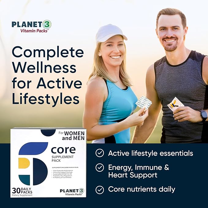 Planet 3 Vitamin Packs, Daily Vitamins for Immune, Energy, Heart & Vision Support | Multivitamins, Vitamin D, Probiotics, Omega 3, Methyl B12 | Core Supplements for Women and Men | 30 Daily Packs