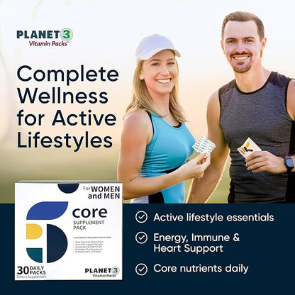 Planet 3 Vitamin Packs, Daily Vitamins for Immune, Energy, Heart & Vision Support | Multivitamins, Vitamin D, Probiotics, Omega 3, Methyl B12 | Core Supplements for Women and Men | 30 Daily Packs