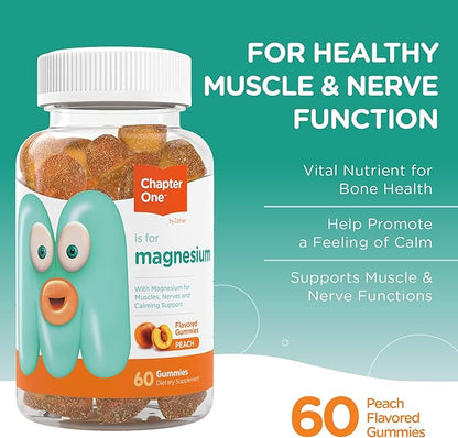 Chapter One Magnesium Gummies, Great Tasting Magnesium for Kids, Calm Kids Magnesium, Magnesium Gummies for Women and Men, Certified Kosher (Peach)