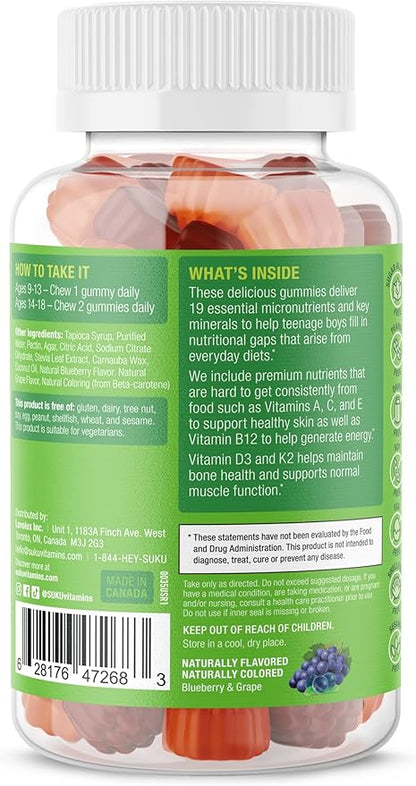 Teen Boy Multivitamin – Sugar Free Vegetarian Gummy Supplement for Teen Boys 19 Essential Nutrients Strengthens Bones Muscles Enhances Energy Health – Blueberry Grape Flavor (60 Count)