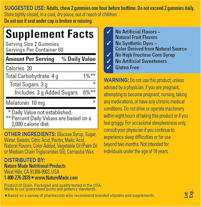 Nature Made Melatonin 10mg per serving Gummies, Maximum Strength Dosage, 100% Drug Free Sleep Aid for Adults, 120 Melatonin Gummies, 60 Day Supply