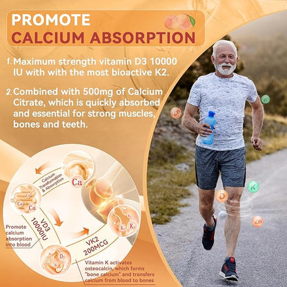 2Pack Sugar-Free Vitamin D3 K2 Filled Gummies 5000IU / 10,000 IU with 500mg Calcium + K2 (MK-7) 200mcg, Magnesium Citrate, Vitamin C, Extra Strength - Ultimate Absorption for Bone Muscle Teeth Immune
