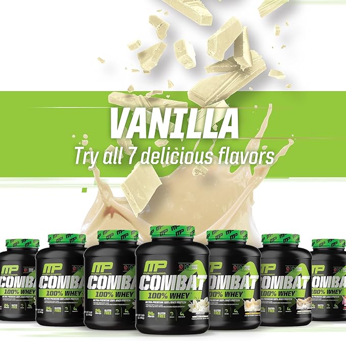 MusclePharm Combat 100% Whey Protein Powder, Vanilla Flavor, Fast Recovery & Muscle Gain with Whey Protein Isolate, High Protein Powder for Women & Men, Gluten Free, 5 lb, 70 Servings