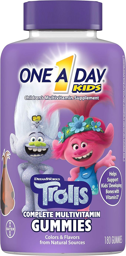 One A Day Kids Trolls Multivitamin Gummy, Kids Vitamins with Vitamins A, B6, B12, C, D, E, Zinc, Folic Acid and Biotin (Packaging May Vary), Trolls, 180 Count