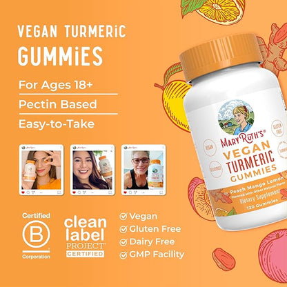 MaryRuth Organics Turmeric Gummies | Organic Turmeric Curcumin Extract | Chewable Turmeric Supplement | Vegan | Non-GMO | Gluten Free | Peach | Mango & Lemon Flavor | 250 mg per Serving | 120 Count