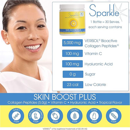 Sparkle Wellness Skin Boost Plus (Tropical) [30-Serves] | Collagen Powder Supplement with VERISOL Bioactive Hydrolyzed Collagen Peptides, Vitamin C & Hyaluronic Acid
