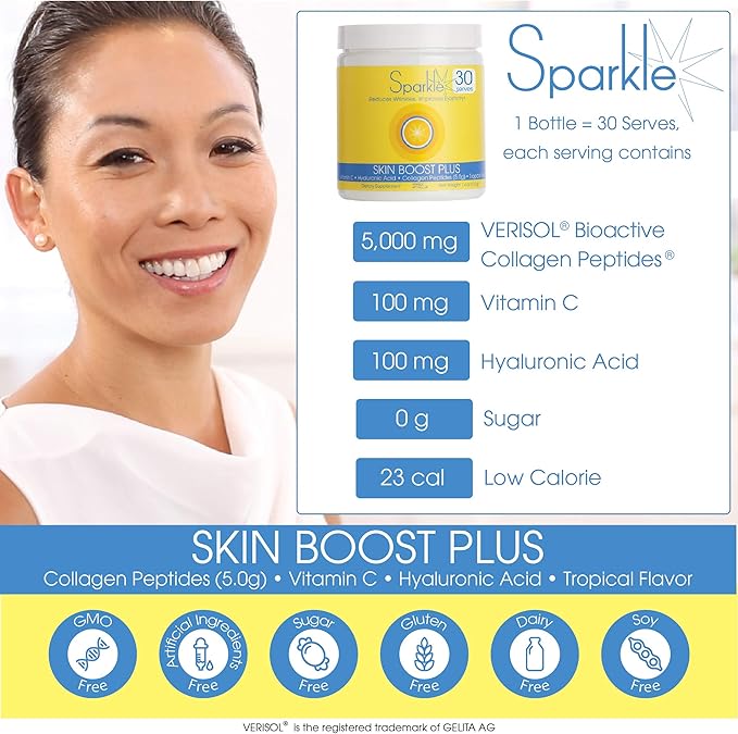 Sparkle Wellness Skin Boost Plus (Tropical) [50-Serves] | Collagen Powder Supplement with VERISOL Bioactive Hydrolyzed Collagen Peptides, Vitamin C & Hyaluroic Acid