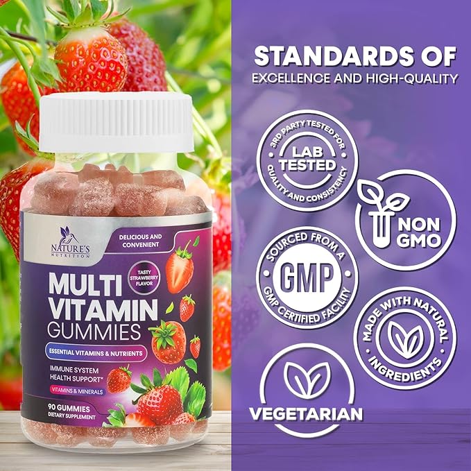 Multivitamin Gummies for Adults with 13 Vitamins and Minerals, Daily Gummy Vitamin for Women & Men, Immune Health Support Supplement with Vitamins A, C, D, E, B-6, B-12, Zinc, Berry - 90 Gummies