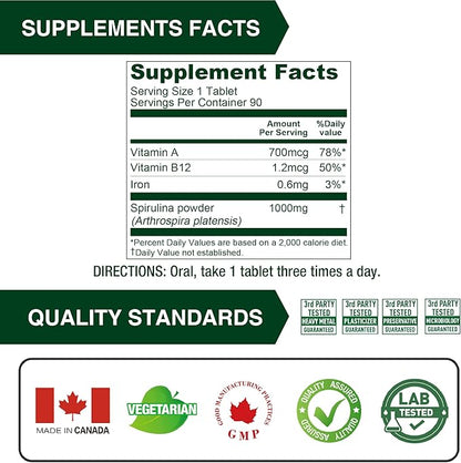 Lovita Organic Spirulina 1000mg per Tablet, Natural Multivitamin Superfood, 100% Vegan, Non-Irradiated, 90 Vegetarian Tablets