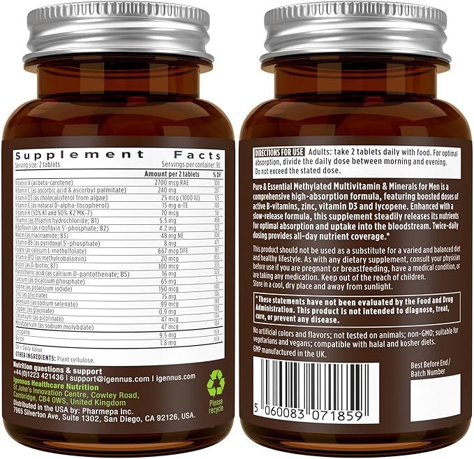 Methylated Men's Multivitamin, MTHFR Supplement with Active B-Vitamins, High Strength 2 a Day Multivitamin for Sustained Release, Added Lycopene, Clean Label, Non-GMO & Vegan 180 Tablets, by Igennus